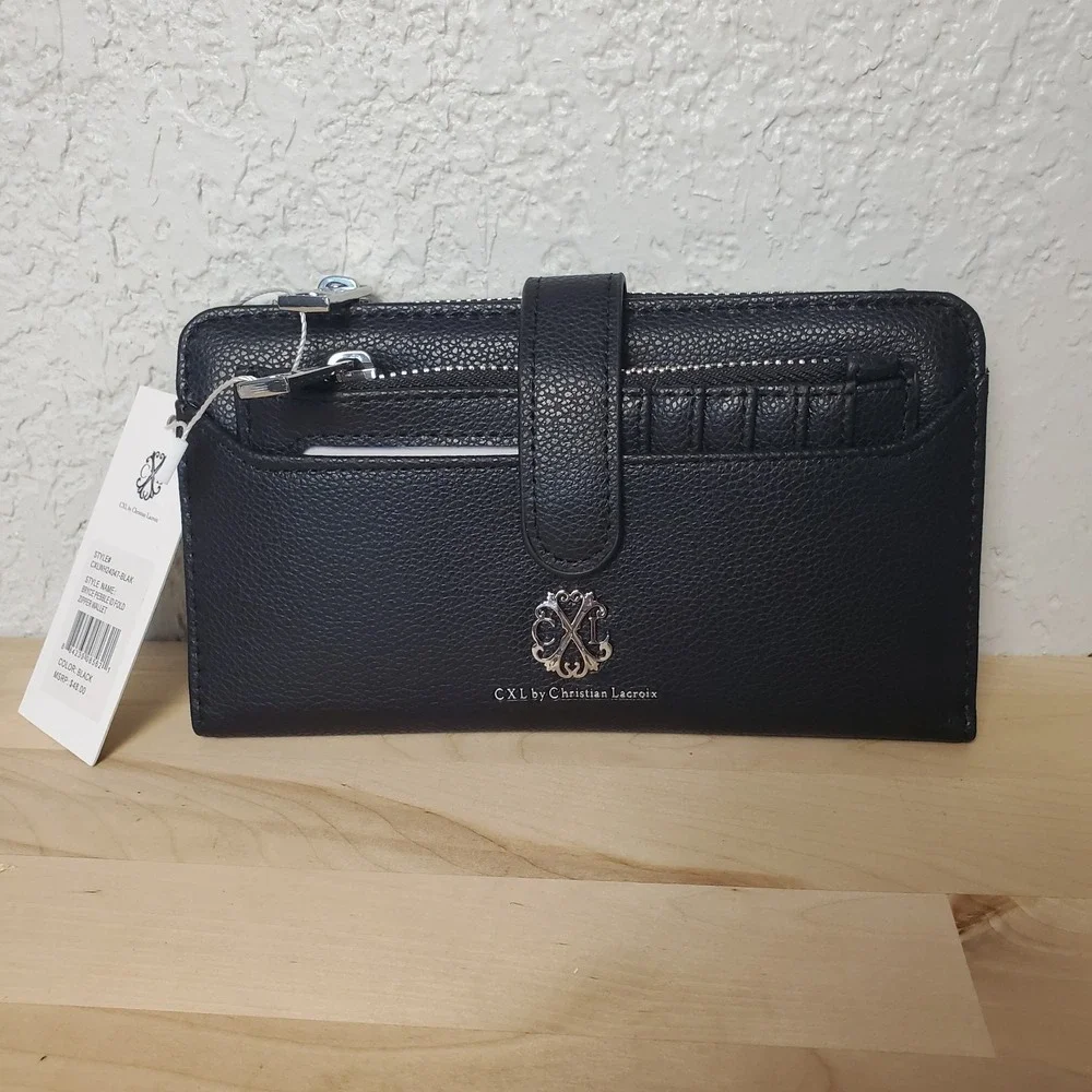 Christian Lacroix CLX Bryce Pebble ID Fold Zipper Wallet Wristlet Black NEW